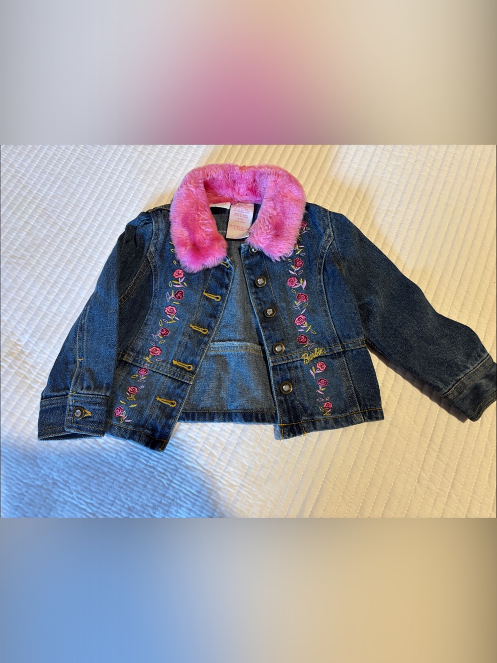Barbie Girls Sz 3/3T Denim Jacket with Pink Faux Fur Collar and Embroidery